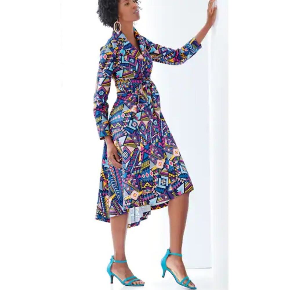 Ashro Neesha High Low Abstract Print Long Sleeve Tie Front Dress Size M Medium - Picture 7 of 7